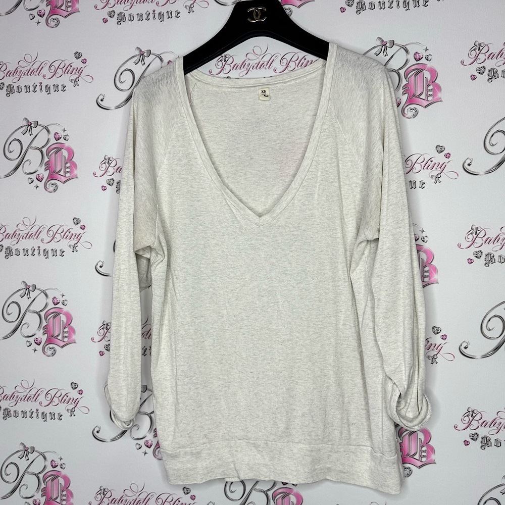 TNA sweater top pull over white cream grey logo on side V neck cinch arm cuff